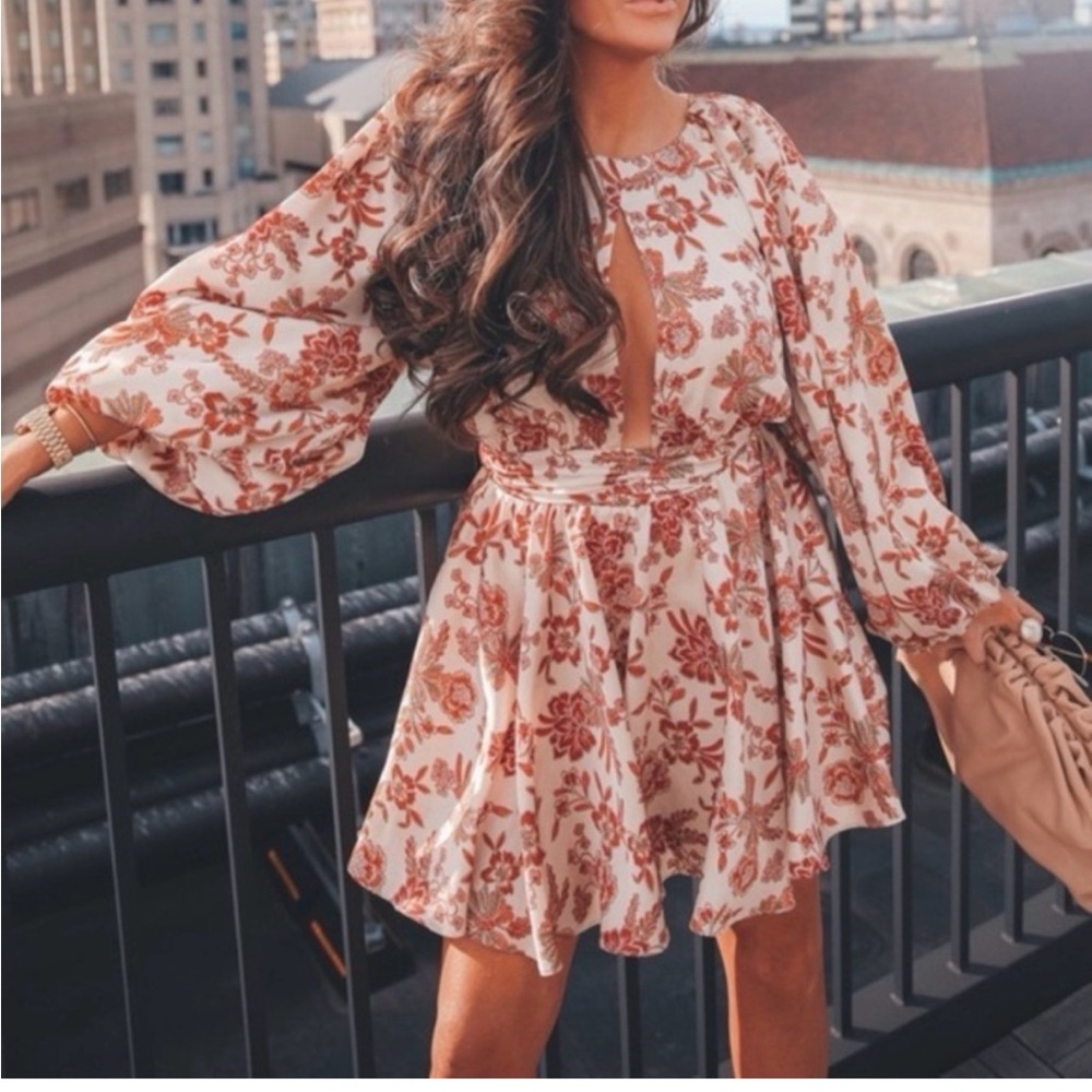 Misa Los Angeles Cream Mini Dress with Rust Floral Print